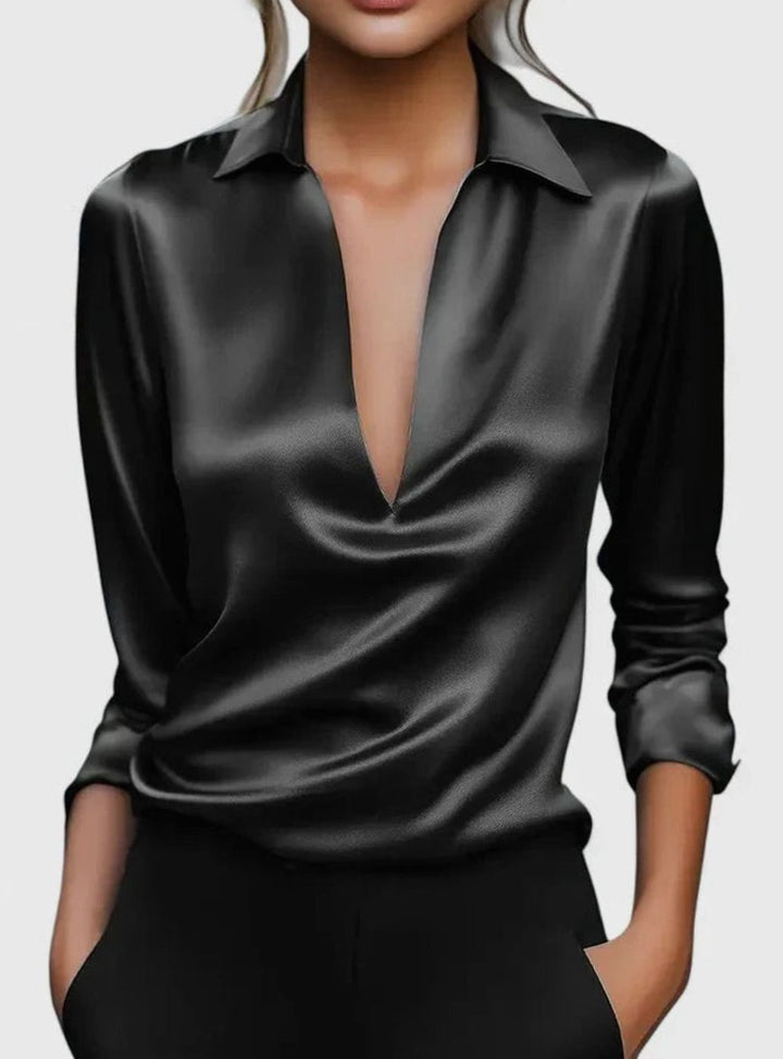 Women's Sophisticated Blouse Deep V-Neck Satin Long-Sleeve Top - Black