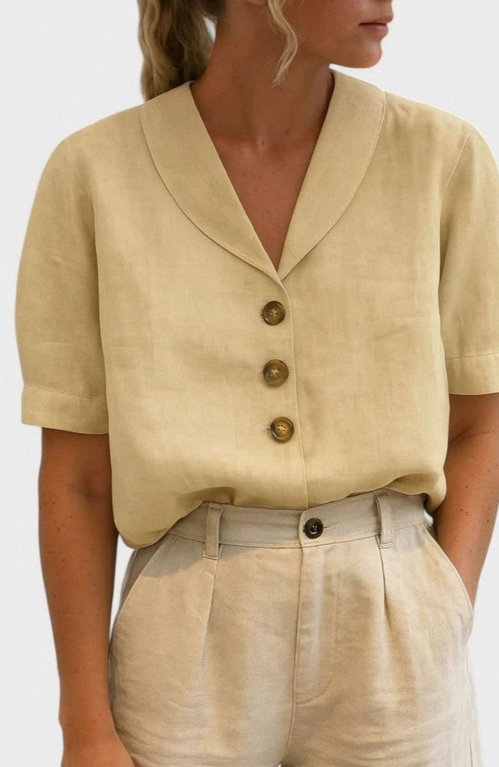Women's Sophisticated Blouse Linen V-Neck Short-Sleeve Button-Front Top - Beige