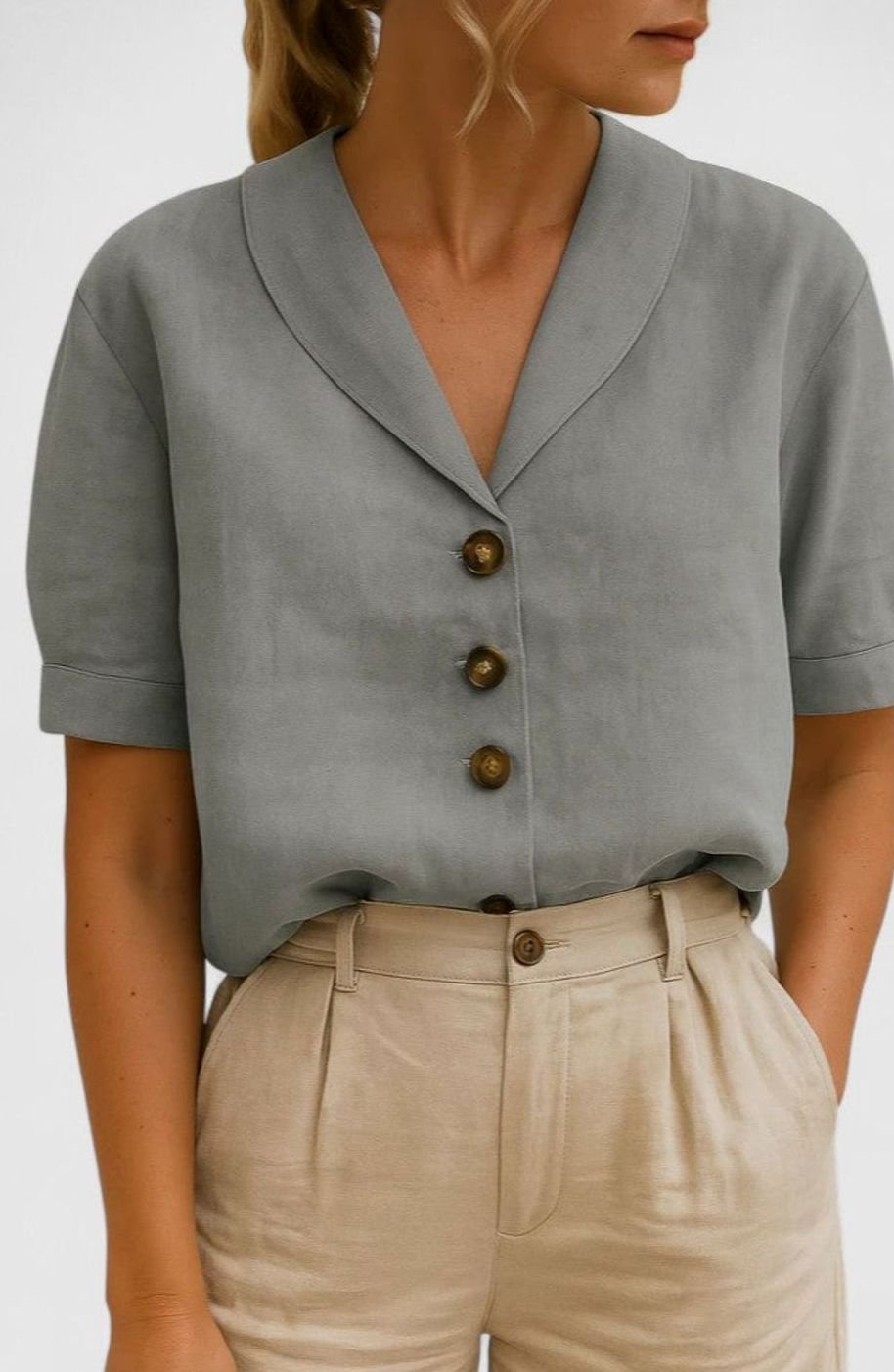 Women's Sophisticated Blouse Linen V-Neck Short-Sleeve Button-Front Top - Gray