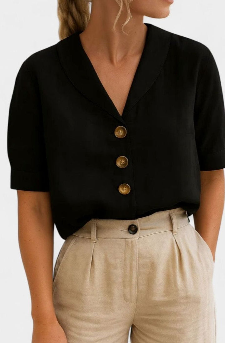 Women's Sophisticated Blouse Linen V-Neck Short-Sleeve Button-Front Top - Black