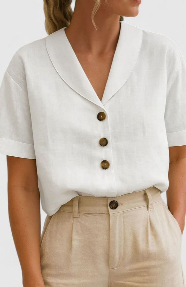 Women's Sophisticated Blouse Linen V-Neck Short-Sleeve Button-Front Top - White