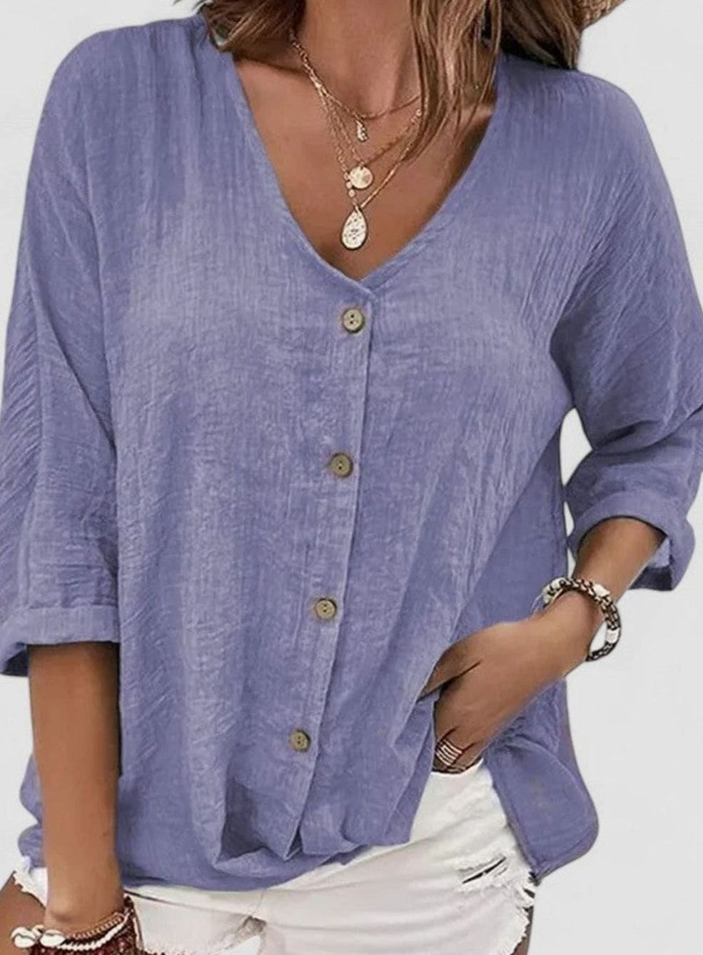 Women's Sophisticated Blouse V-Neck Button-Front 3/4 Sleeve Top - Purple