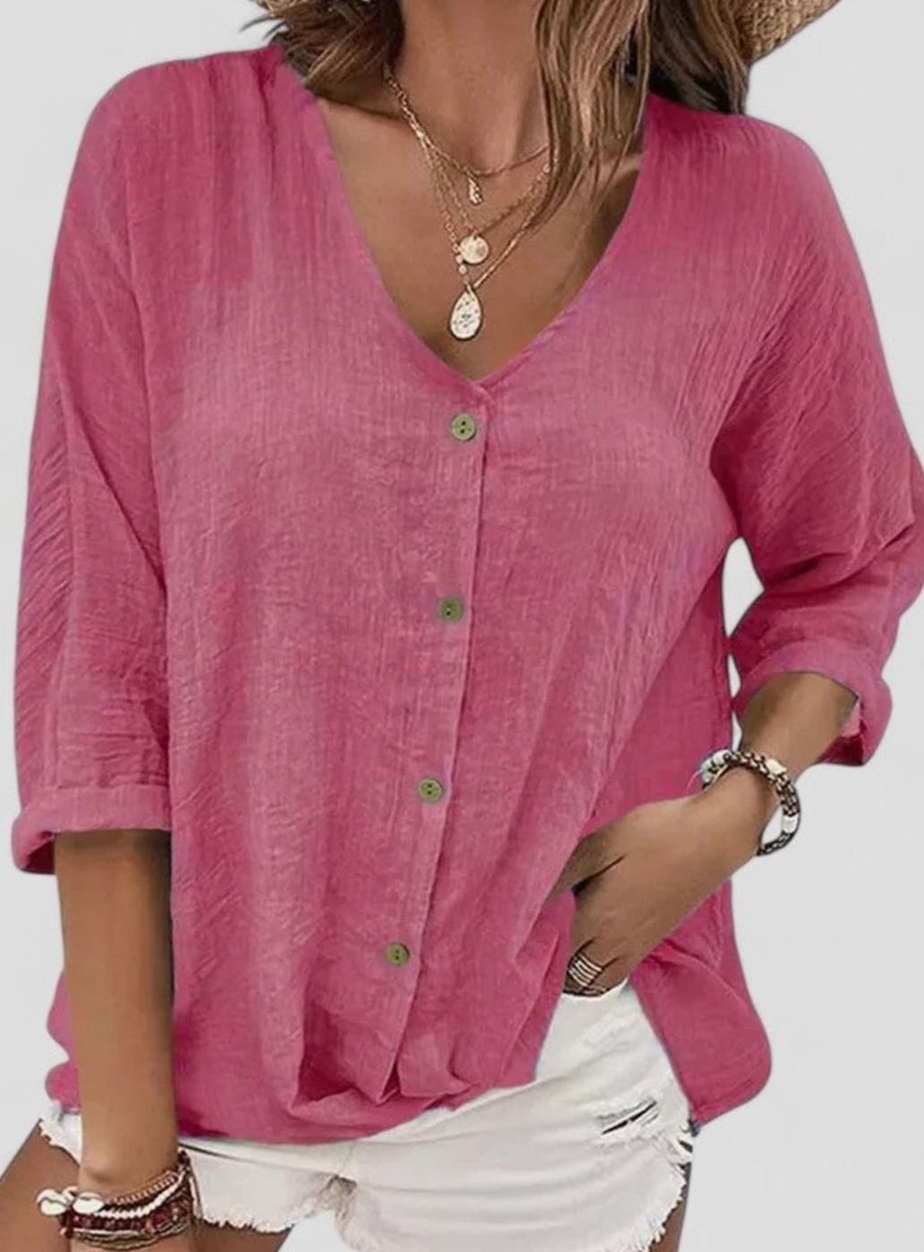 Women's Sophisticated Blouse V-Neck Button-Front 3/4 Sleeve Top - Pink