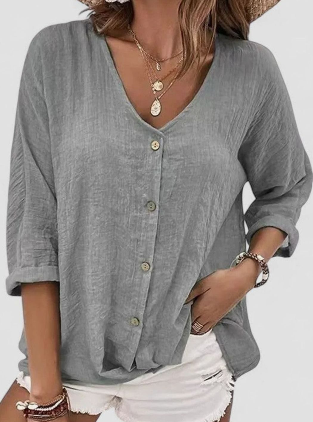 Women's Sophisticated Blouse V-Neck Button-Front 3/4 Sleeve Top - Gray