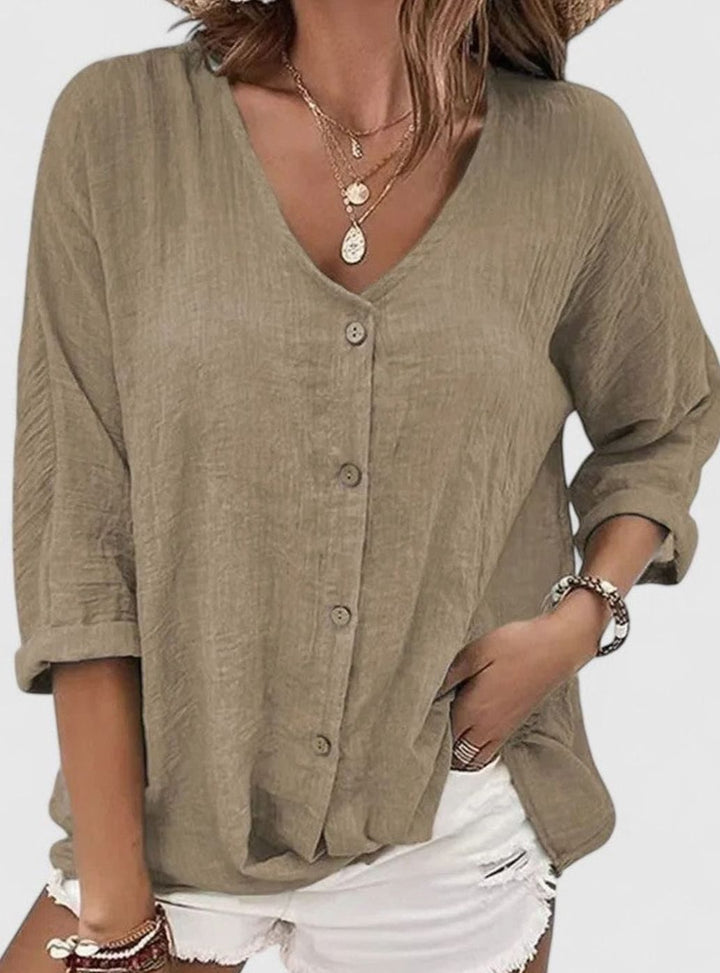 Women's Sophisticated Blouse V-Neck Button-Front 3/4 Sleeve Top - Khaki
