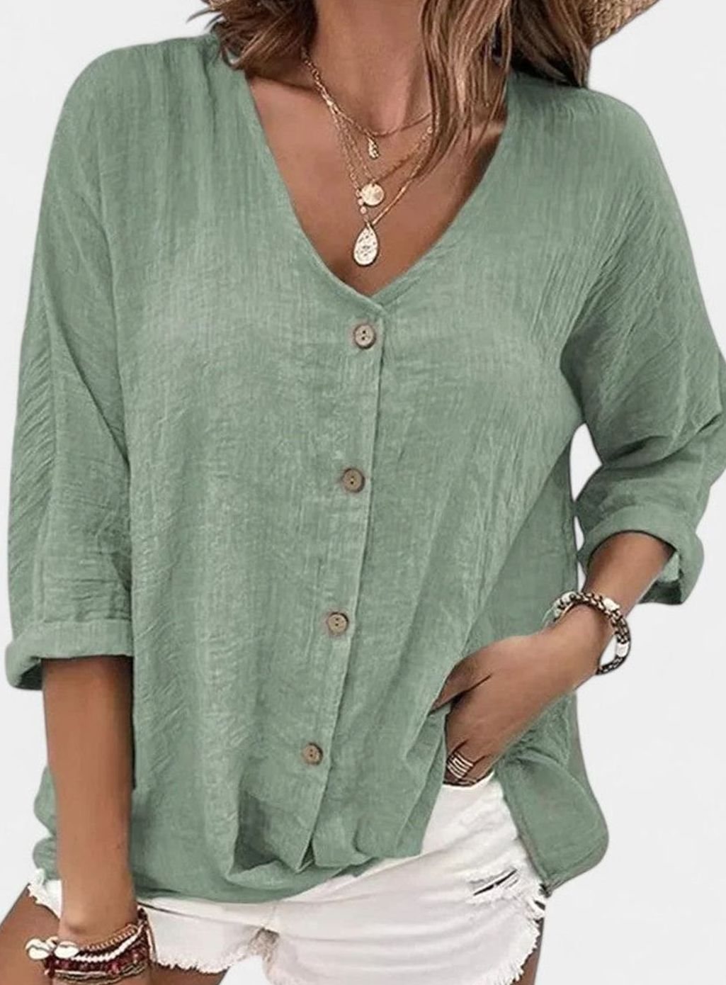Women's Sophisticated Blouse V-Neck Button-Front 3/4 Sleeve Top - Green