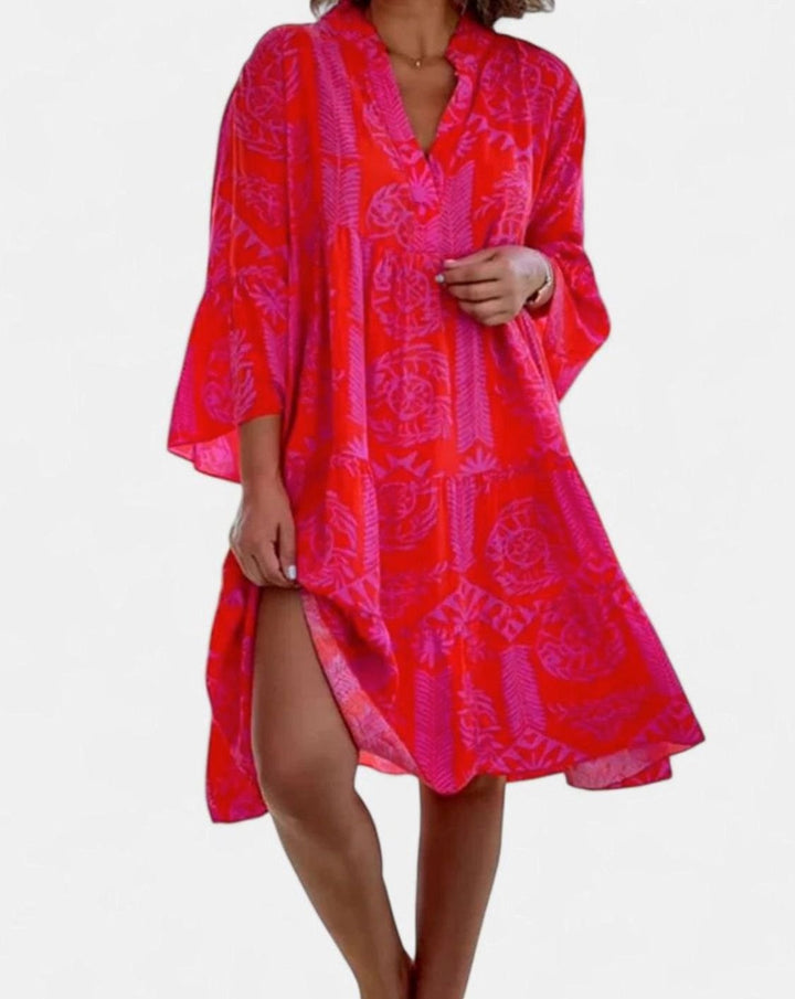 Women's Sophisticated Casual Boho V-Neck Bell-Sleeve Midi Dress - Red