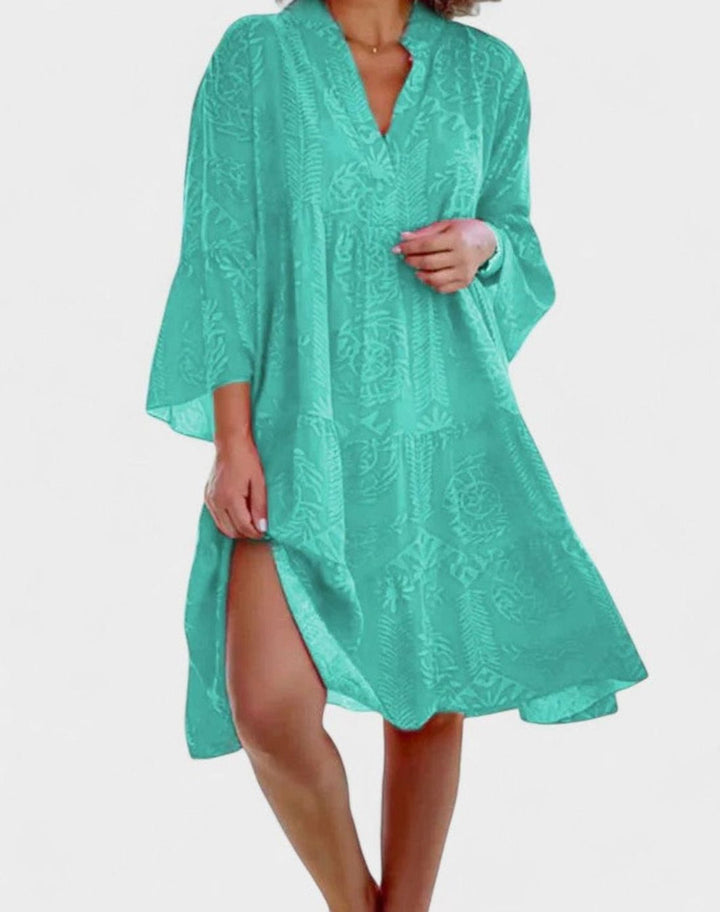 Women's Sophisticated Casual Boho V-Neck Bell-Sleeve Midi Dress - Green