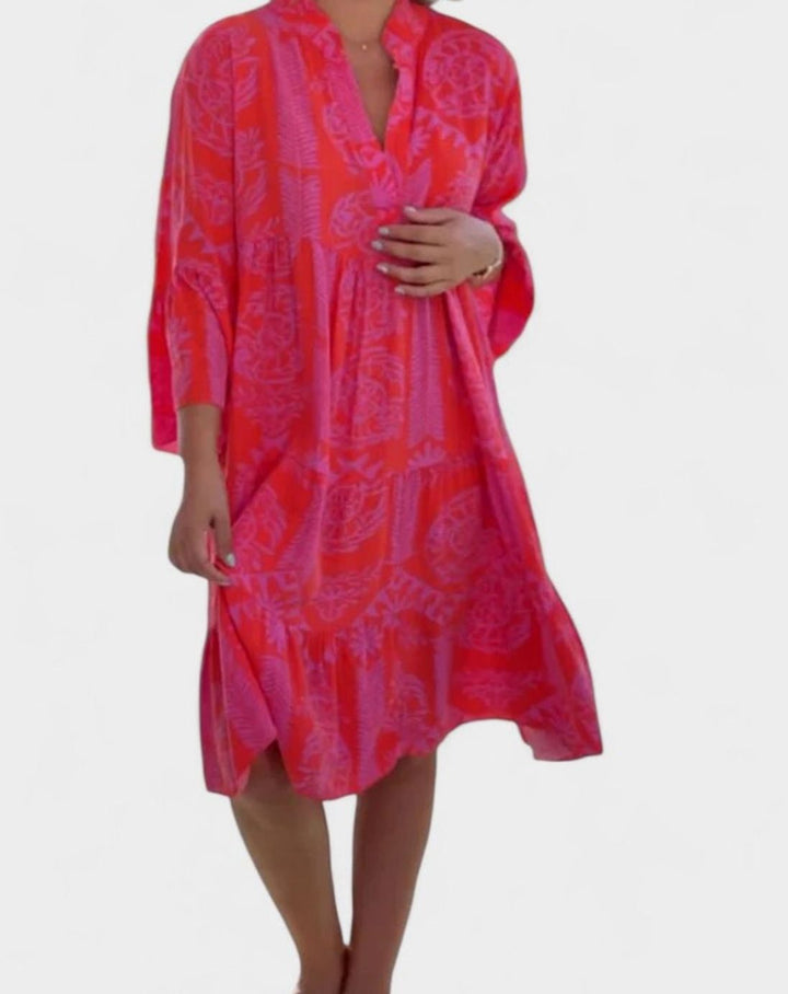 Women's Sophisticated Casual Boho V-Neck Bell-Sleeve Midi Dress