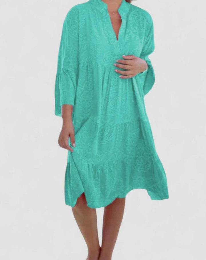 Women's Sophisticated Casual Boho V-Neck Bell-Sleeve Midi Dress