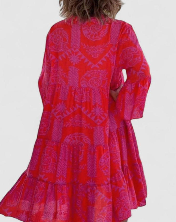 Women's Sophisticated Casual Boho V-Neck Bell-Sleeve Midi Dress