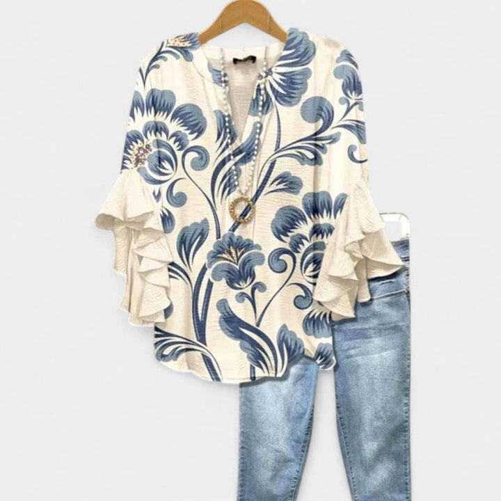 Women's Sophisticated Floral Ruffle-Sleeve V-Neck Blouse - White Blue