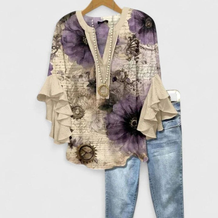 Women's Sophisticated Floral Ruffle-Sleeve V-Neck Blouse - Beige