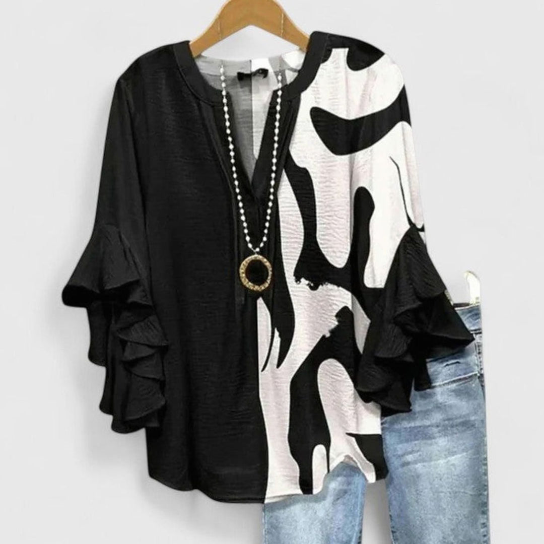 Women's Sophisticated Floral Ruffle-Sleeve V-Neck Blouse - Black