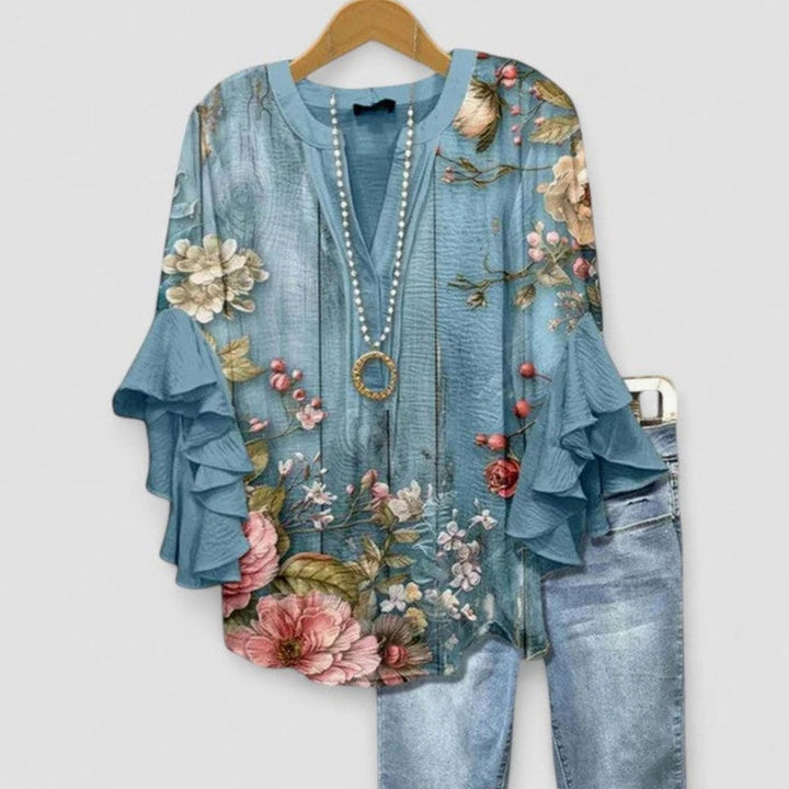 Women's Sophisticated Floral Ruffle-Sleeve V-Neck Blouse - Floral Blue