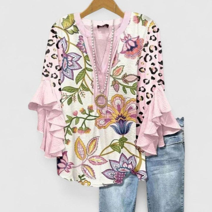 Women's Sophisticated Floral Ruffle-Sleeve V-Neck Blouse - Pink