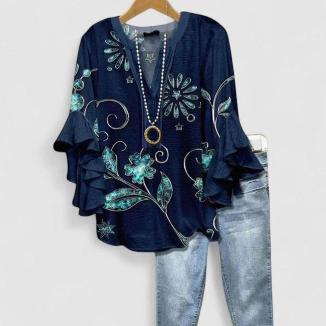 Women's Sophisticated Floral Ruffle-Sleeve V-Neck Blouse - Dark Blue
