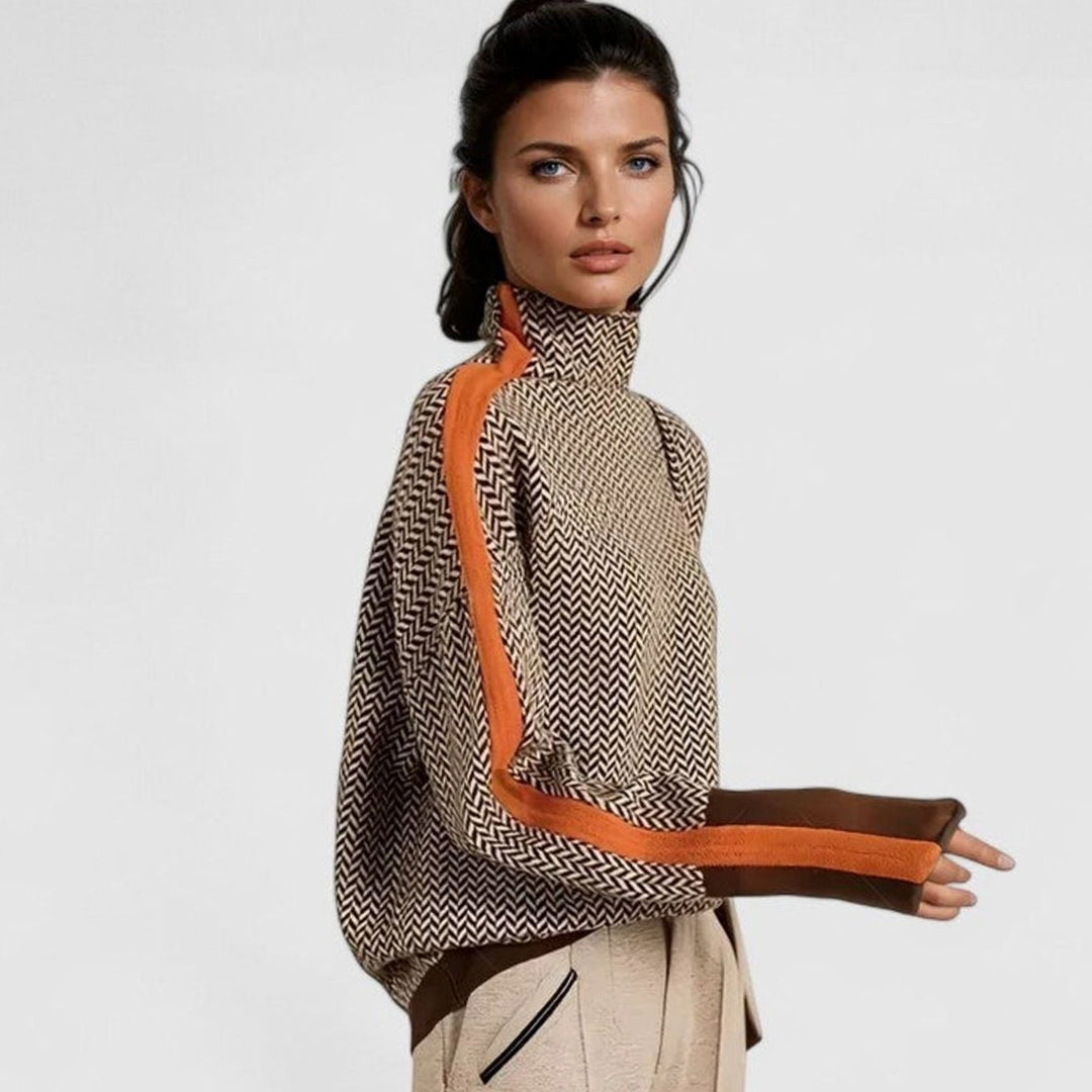 Women's Sophisticated Herringbone Turtleneck Contrasting-Stripe Sweater