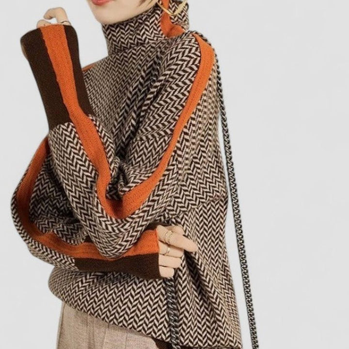 Women's Sophisticated Herringbone Turtleneck Contrasting-Stripe Sweater