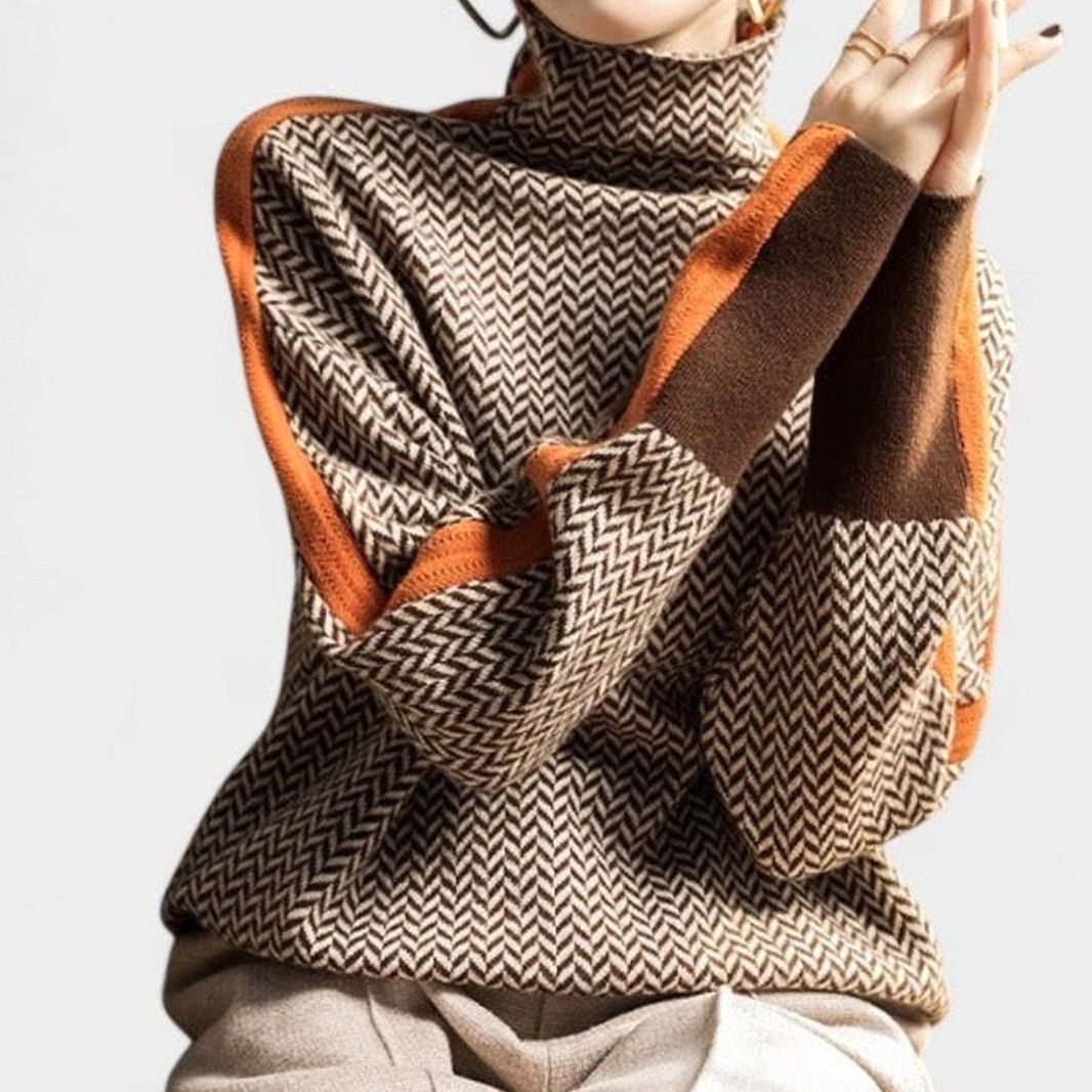 Women's Sophisticated Herringbone Turtleneck Contrasting-Stripe Sweater
