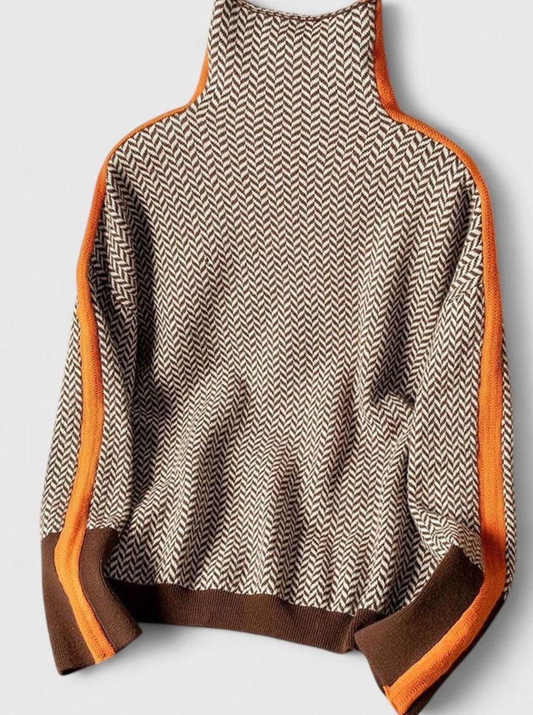 Women's Sophisticated Herringbone Turtleneck Contrasting-Stripe Sweater - Orange