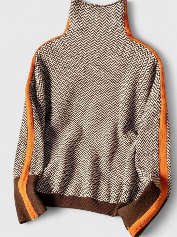 Women's Sophisticated Herringbone Turtleneck Contrasting-Stripe Sweater - Orange