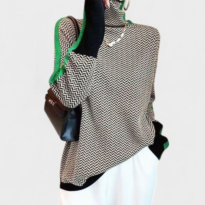 Women's Sophisticated Herringbone Turtleneck Contrasting-Stripe Sweater