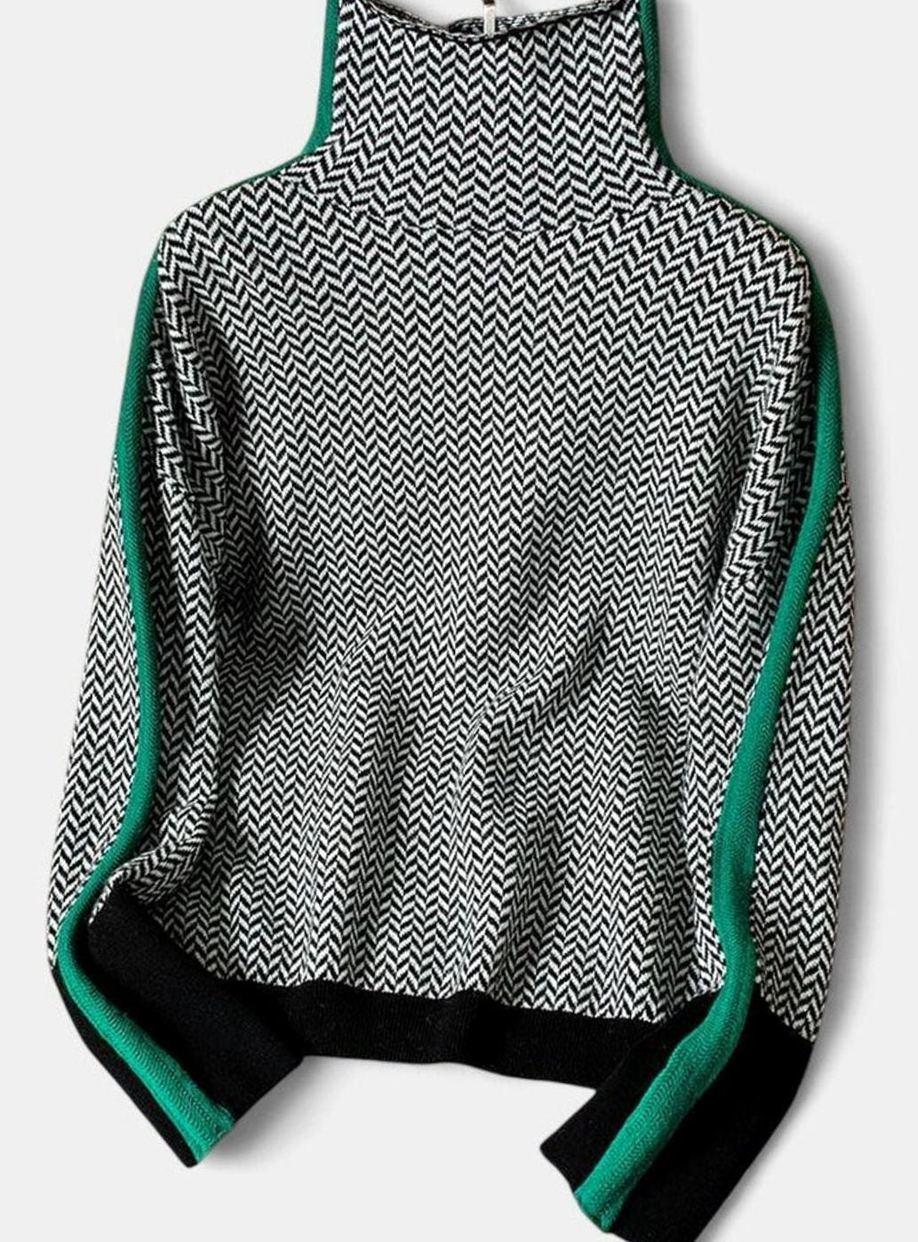 Women's Sophisticated Herringbone Turtleneck Contrasting-Stripe Sweater - Green