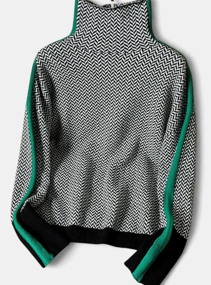Women's Sophisticated Herringbone Turtleneck Contrasting-Stripe Sweater - Green