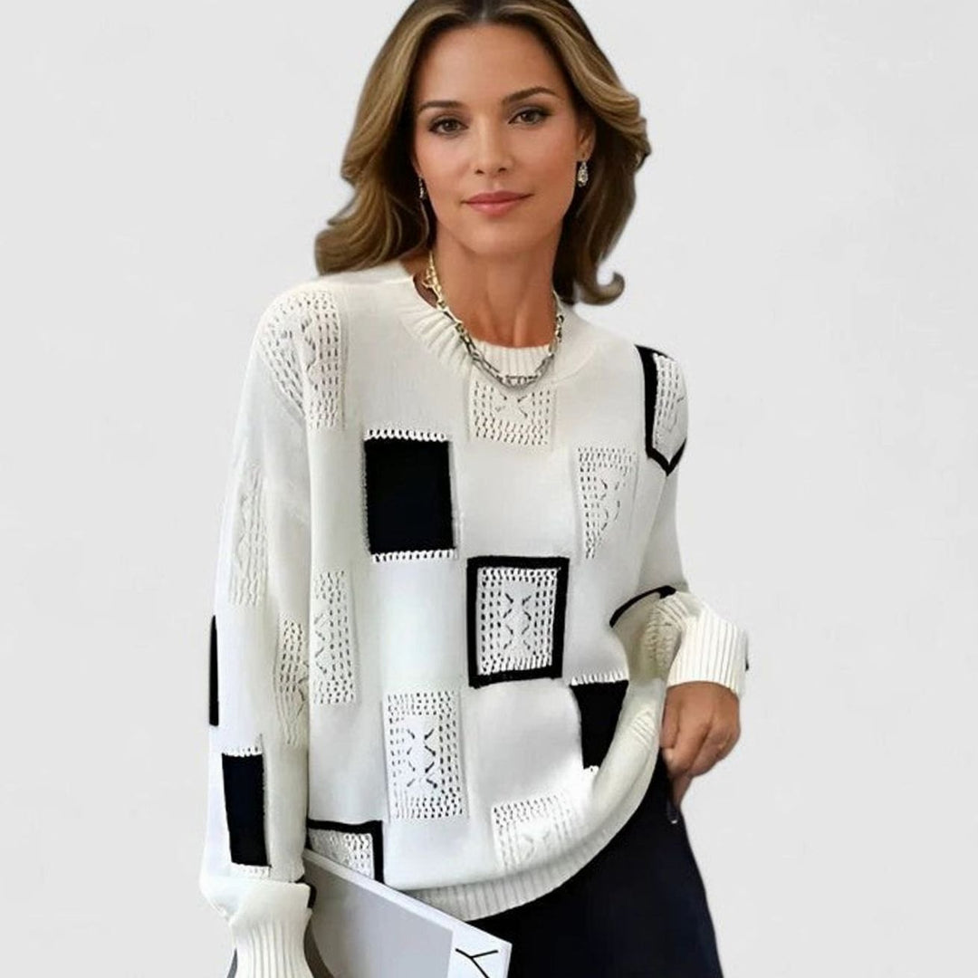 Women's Sophisticated Openwork Colorblock Knit Crewneck Sweater - White