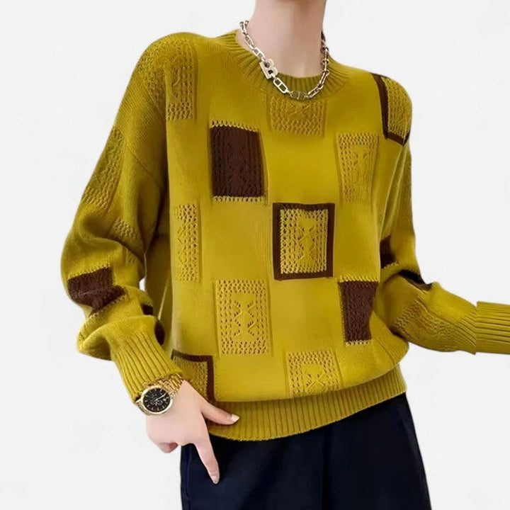 Women's Sophisticated Openwork Colorblock Knit Crewneck Sweater - Yellow