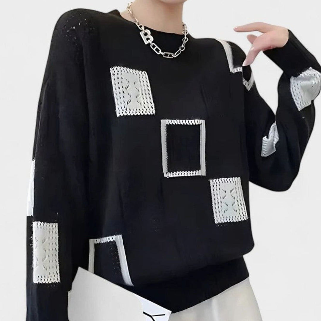 Women's Sophisticated Openwork Colorblock Knit Crewneck Sweater - Black
