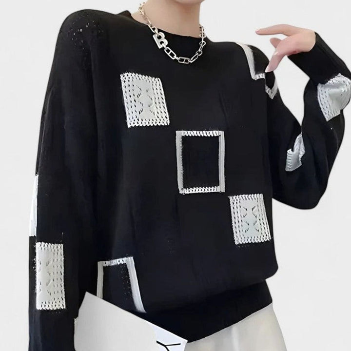 Women's Sophisticated Openwork Colorblock Knit Crewneck Sweater - Black