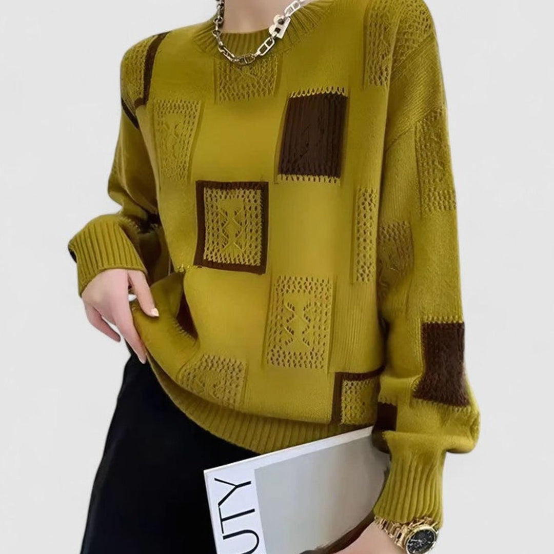 Women's Sophisticated Openwork Colorblock Knit Crewneck Sweater