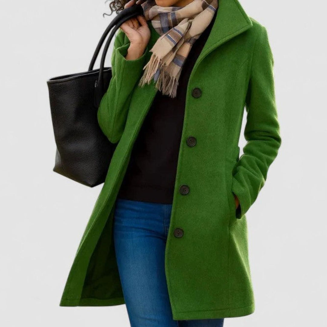 Women's Sophisticated Single-Breasted Longline Wool-Blend Coat - Moss Green