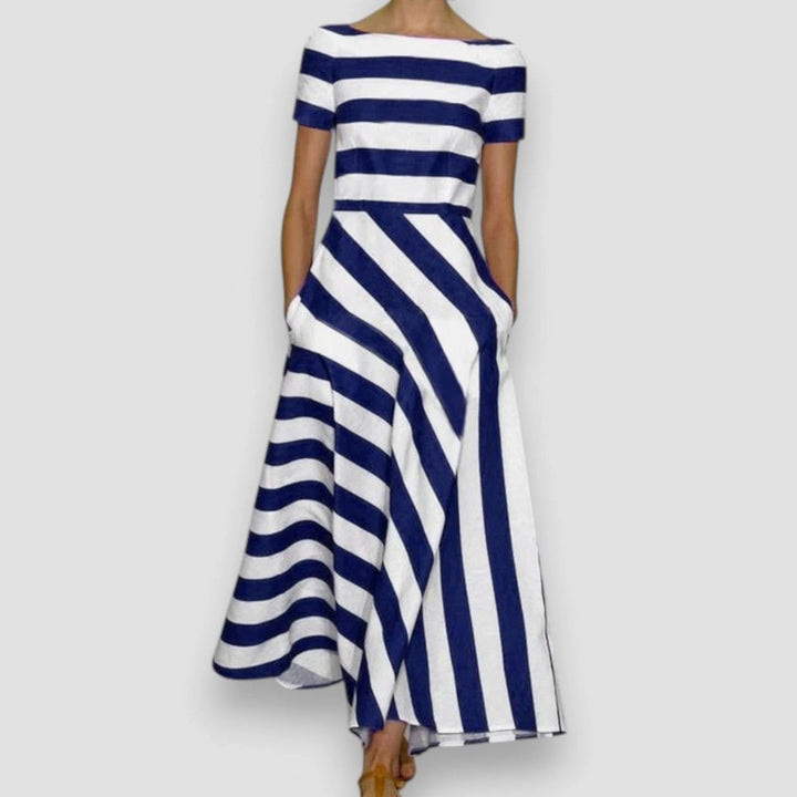 Women's Sophisticated Striped Boat-Neck Maxi Dress - Blue