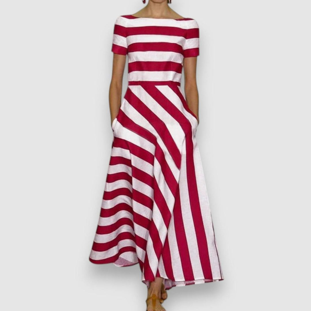 Women's Sophisticated Striped Boat-Neck Maxi Dress - Red