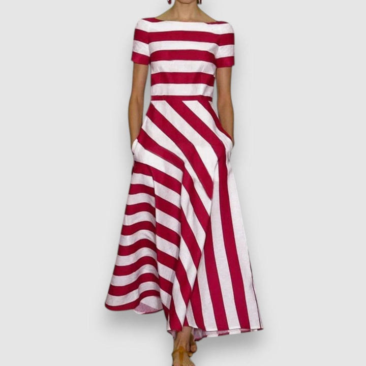 Women's Sophisticated Striped Boat-Neck Maxi Dress - Red