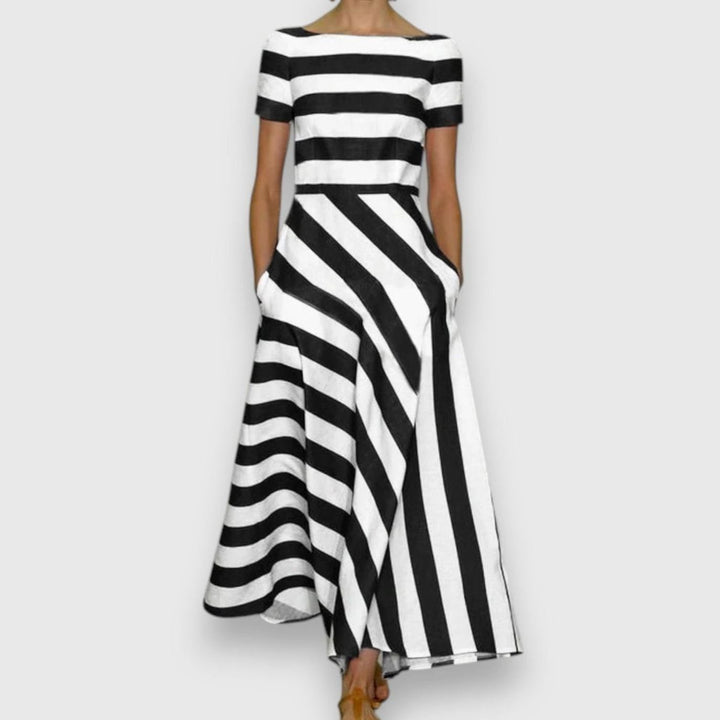Women's Sophisticated Striped Boat-Neck Maxi Dress - Black