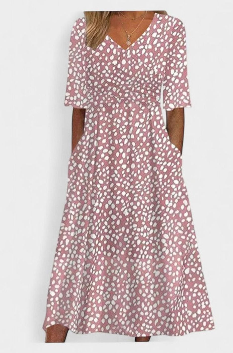Women's Spotted-Print V-Neck Half-Sleeve Midi Dress Pockets - Pink