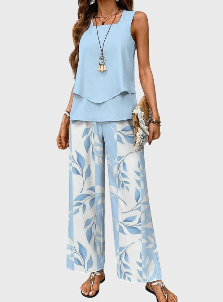 Women's Square-Neck Sleeveless Loose-Fit Leaf-Print 2-Piece Set - Blue