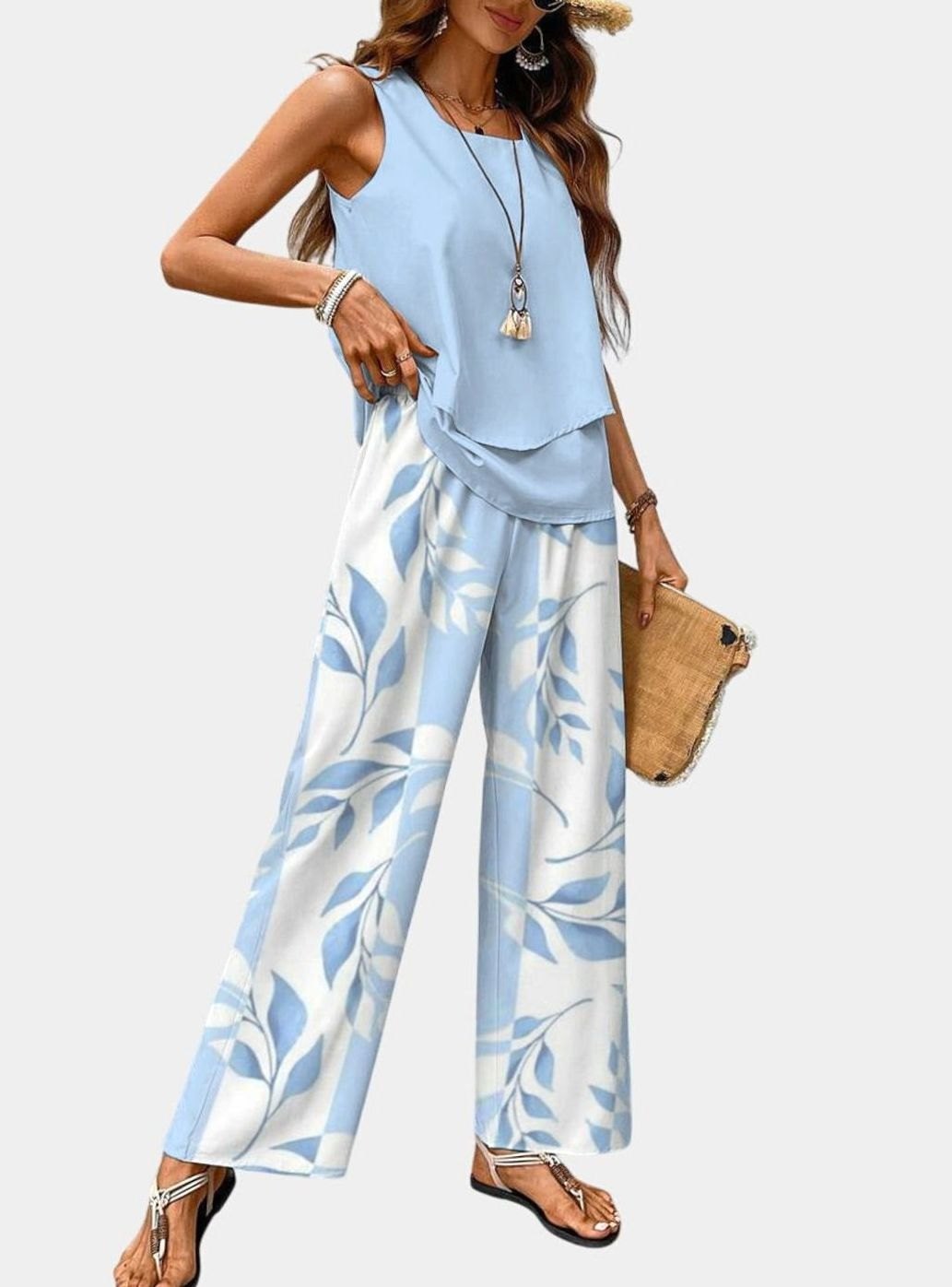 Women's Square-Neck Sleeveless Loose-Fit Leaf-Print 2-Piece Set