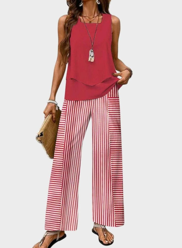 Women's Square-Neck Sleeveless Loose-Fit Leaf-Print 2-Piece Set - Red