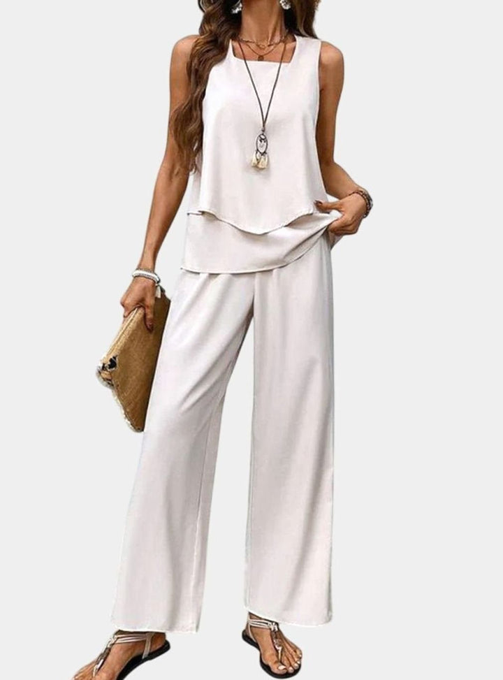 Women's Square-Neck Sleeveless Loose-Fit Leaf-Print 2-Piece Set - White