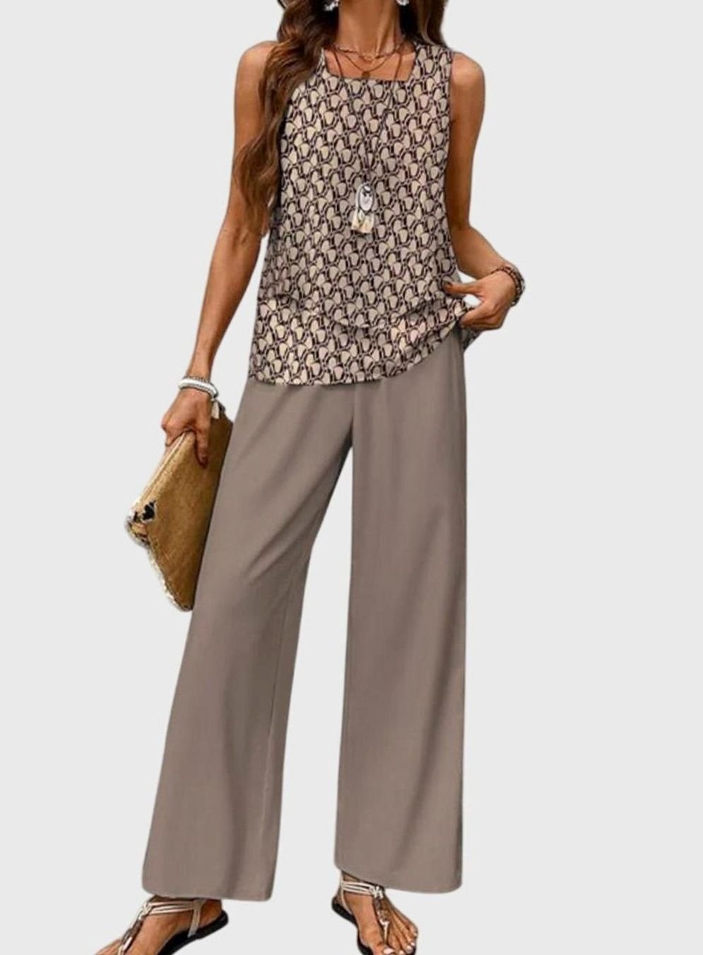 Women's Square-Neck Sleeveless Loose-Fit Leaf-Print 2-Piece Set - Khaki