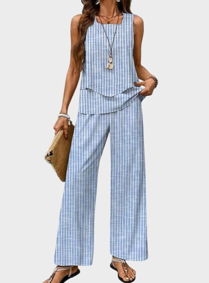 Women's Square-Neck Sleeveless Loose-Fit Leaf-Print 2-Piece Set - Blue Stripes