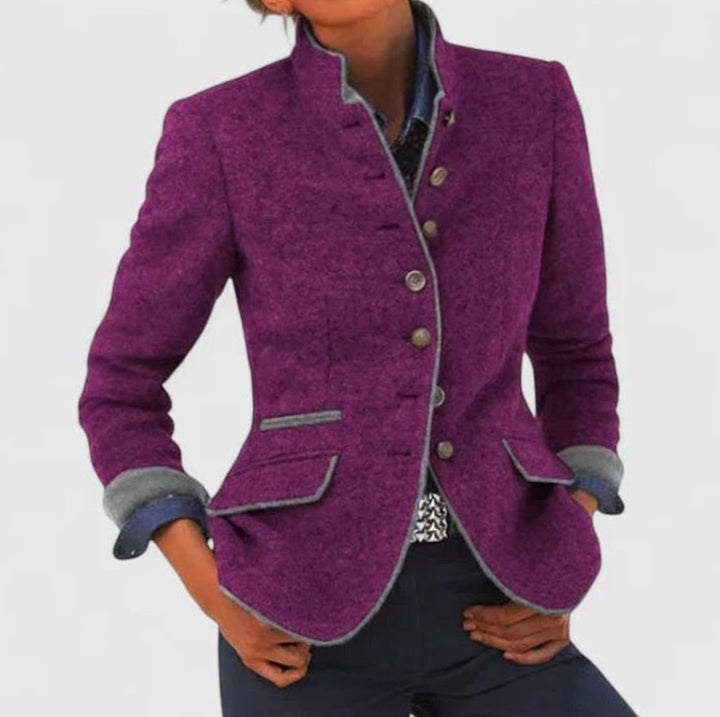 Women's Stand-Collar Button-Front Wool-Look Fitted Blazer Jacket - Purple