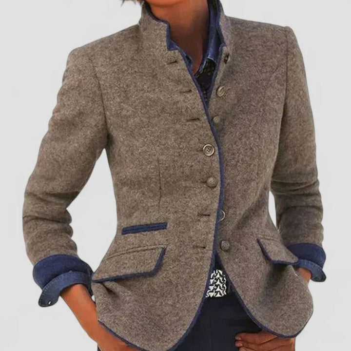 Women's Stand-Collar Button-Front Wool-Look Fitted Blazer Jacket - Caramel