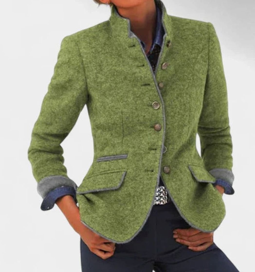 Women's Stand-Collar Button-Front Wool-Look Fitted Blazer Jacket - Green