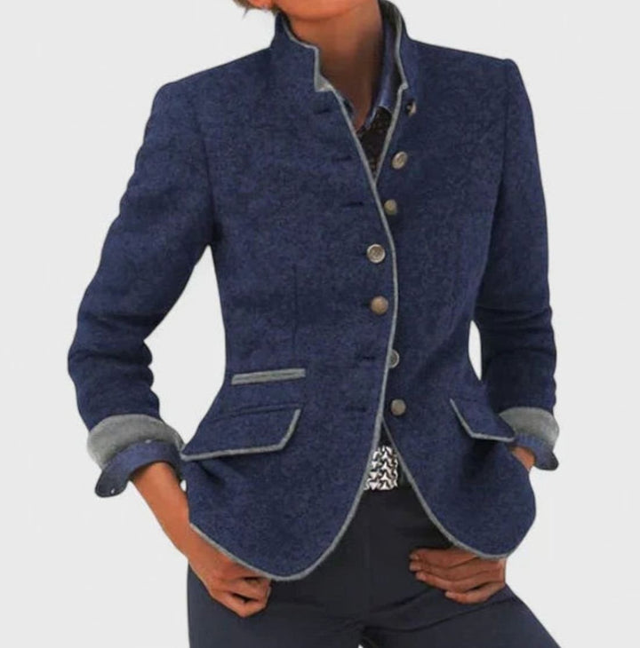 Women's Stand-Collar Button-Front Wool-Look Fitted Blazer Jacket - Blue